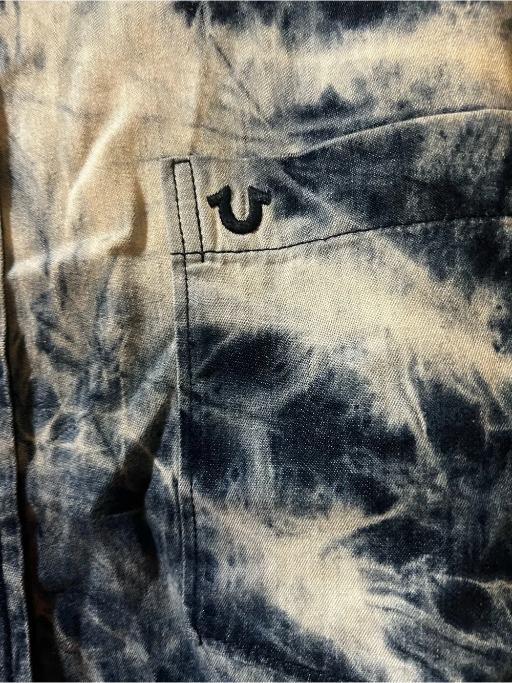 True Religion Blue and White Tie-Dye Short Sleeve Button-Up Shirt